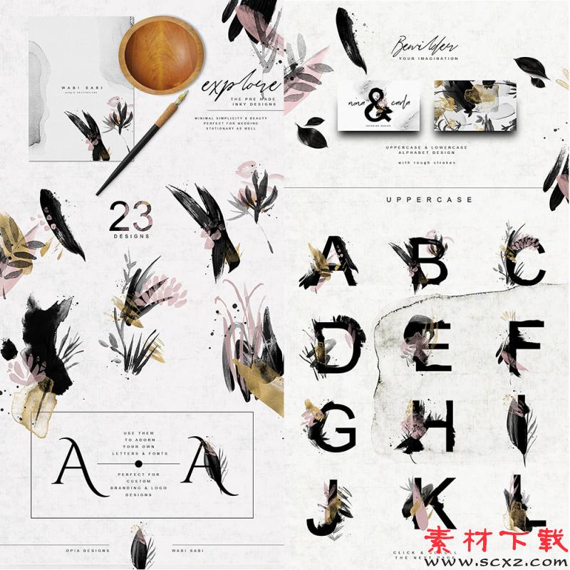 中国风笔触抽象花朵英文字母卡片背景