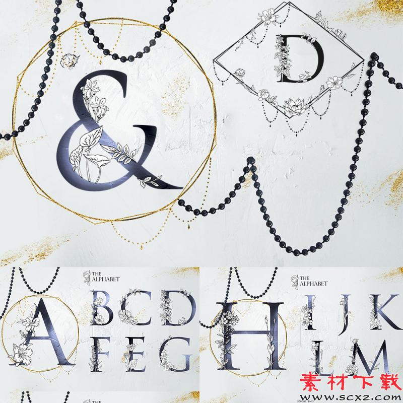 婚礼LOGO水印花环花卉英文字母图案PNG免抠设计素材